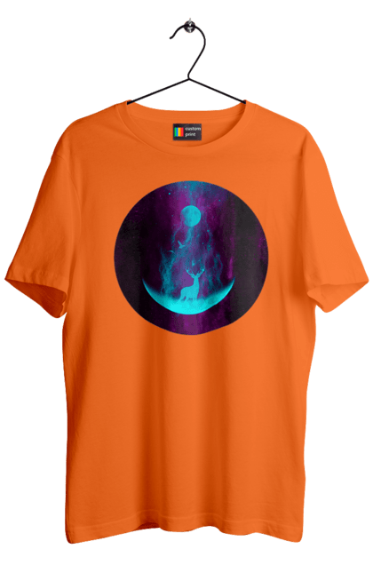 Футболка чоловіча з принтом "Олень Силует". Місяць, олень, рогам, силует, яскравий. 2070702