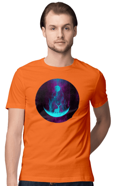 Футболка чоловіча з принтом "Олень Силует". Місяць, олень, рогам, силует, яскравий. 2070702