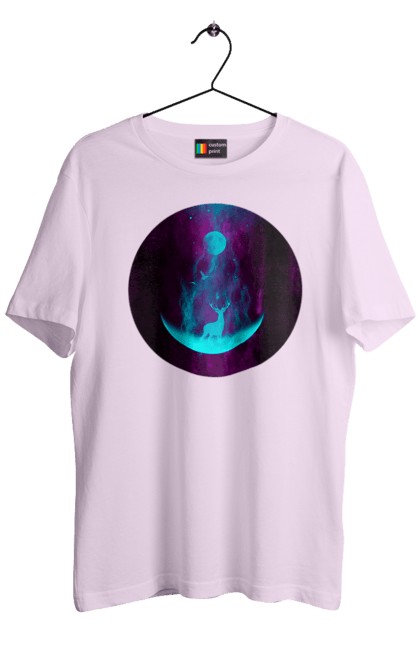 Футболка чоловіча з принтом "Олень Силует". Місяць, олень, рогам, силует, яскравий. 2070702