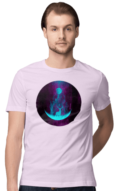 Футболка чоловіча з принтом "Олень Силует". Місяць, олень, рогам, силует, яскравий. 2070702