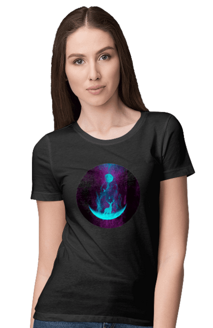 Футболка жіноча з принтом "Олень Силует". Місяць, олень, рогам, силует, яскравий. 2070702
