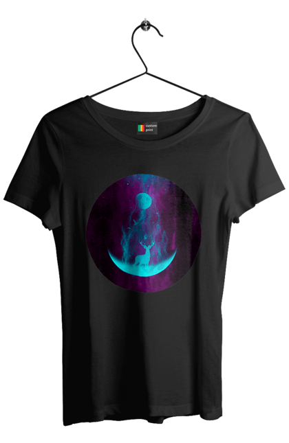 Футболка жіноча з принтом "Олень Силует". Місяць, олень, рогам, силует, яскравий. 2070702