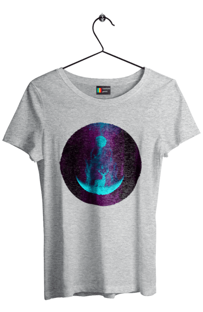 Футболка жіноча з принтом "Олень Силует". Місяць, олень, рогам, силует, яскравий. 2070702