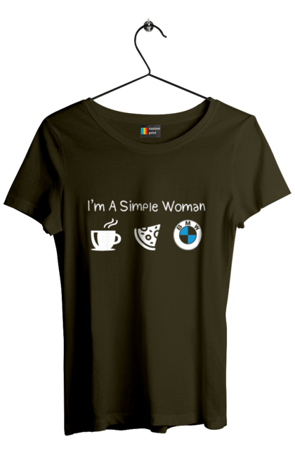 Футболка женская с принтом Я простая женщина, БМВ. Бмв, кофе, машины, пицца. 2070702