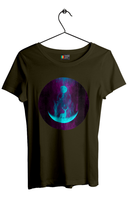Футболка жіноча з принтом "Олень Силует". Місяць, олень, рогам, силует, яскравий. 2070702