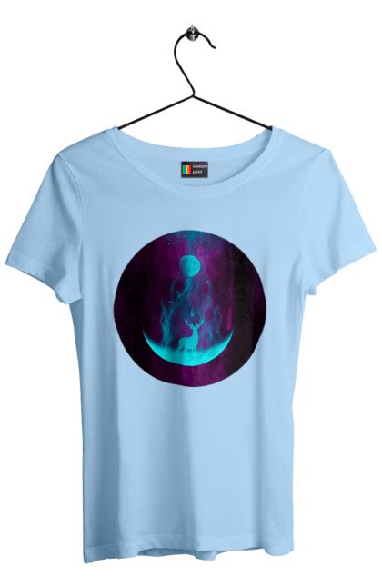 Футболка жіноча з принтом "Олень Силует". Місяць, олень, рогам, силует, яскравий. 2070702
