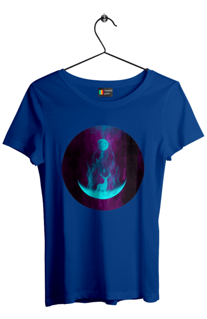 Футболка жіноча з принтом "Олень Силует". Місяць, олень, рогам, силует, яскравий. 2070702