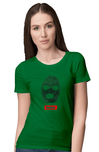 Футболка жіноча з принтом "Відбиток Робер". Балаклава, відбиток, обличчя. 2070702