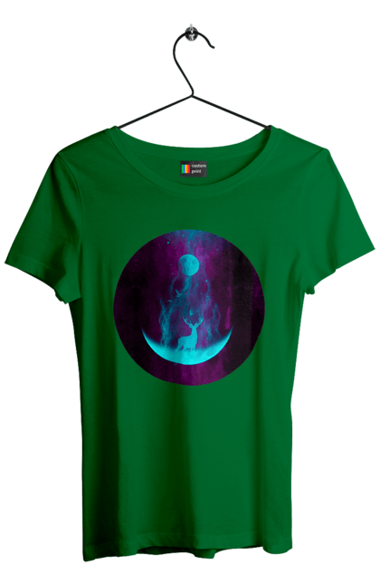 Футболка жіноча з принтом "Олень Силует". Місяць, олень, рогам, силует, яскравий. 2070702