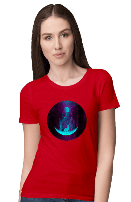 Футболка жіноча з принтом "Олень Силует". Місяць, олень, рогам, силует, яскравий. 2070702