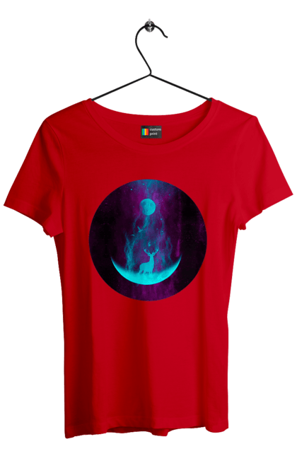 Футболка жіноча з принтом "Олень Силует". Місяць, олень, рогам, силует, яскравий. 2070702
