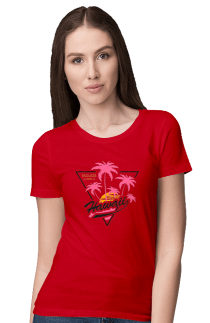 Футболка жіноча з принтом "Гаваї". Гаваї, пальми, сонце. 2070702