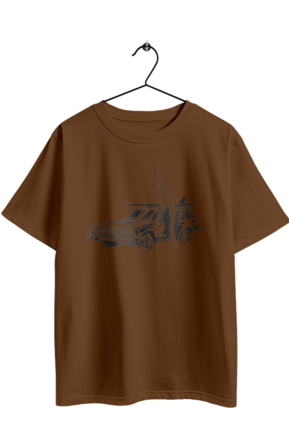 Футболка оверсайз з принтом "Машина з дошкою". Вінтаж, машина, ретро, серфінг. 2070702