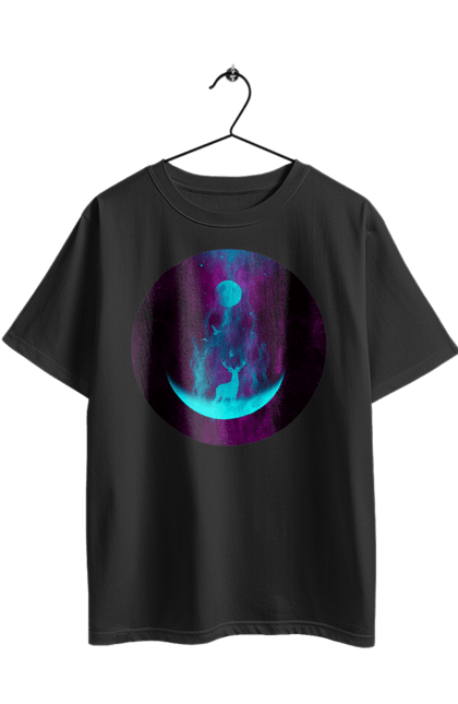 Футболка оверсайз з принтом "Олень Силует". Місяць, олень, рогам, силует, яскравий. 2070702