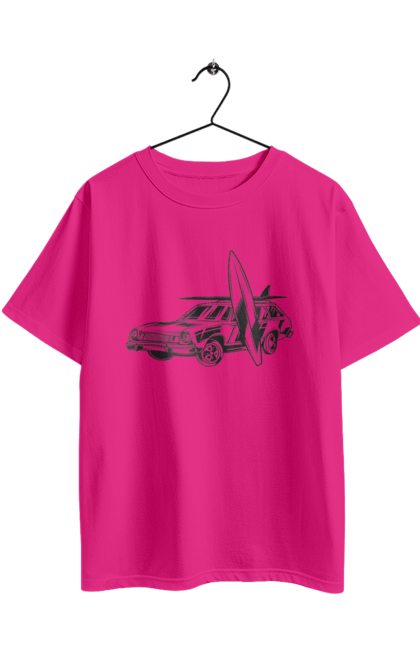 Футболка оверсайз з принтом "Машина з дошкою". Вінтаж, машина, ретро, серфінг. 2070702