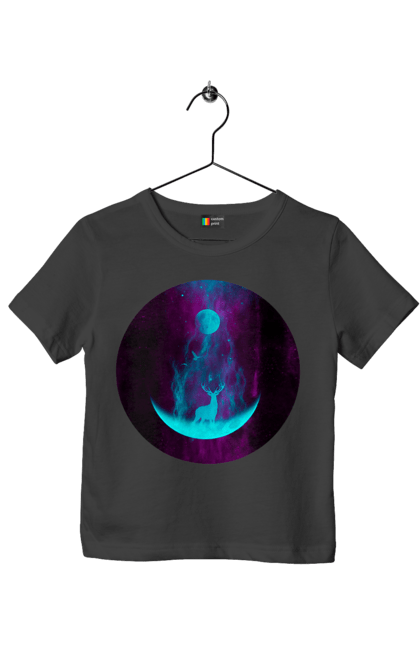 Футболка дитяча з принтом "Олень Силует". Місяць, олень, рогам, силует, яскравий. 2070702