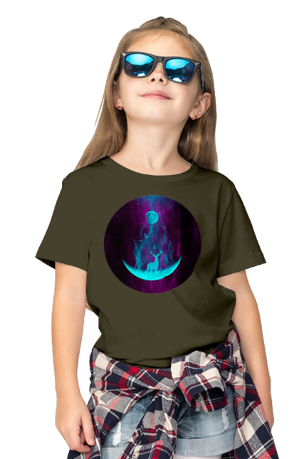 Футболка дитяча з принтом "Олень Силует". Місяць, олень, рогам, силует, яскравий. 2070702