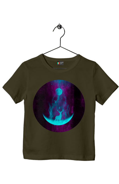 Футболка дитяча з принтом "Олень Силует". Місяць, олень, рогам, силует, яскравий. 2070702