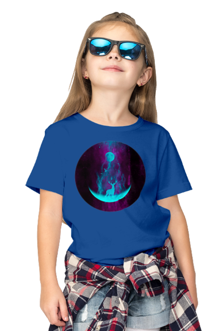 Футболка дитяча з принтом "Олень Силует". Місяць, олень, рогам, силует, яскравий. 2070702