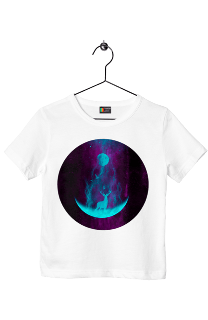 Футболка дитяча з принтом "Олень Силует". Місяць, олень, рогам, силует, яскравий. 2070702