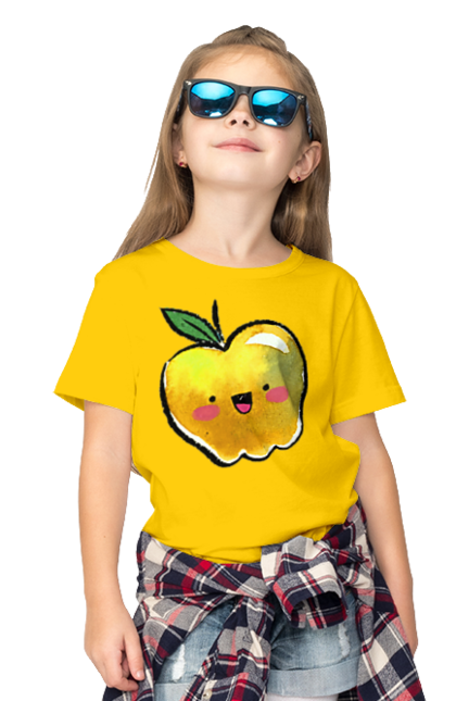 Children's t-shirt with prints Cute yellow apple. Apple, darling, smiley, summer. 2070702